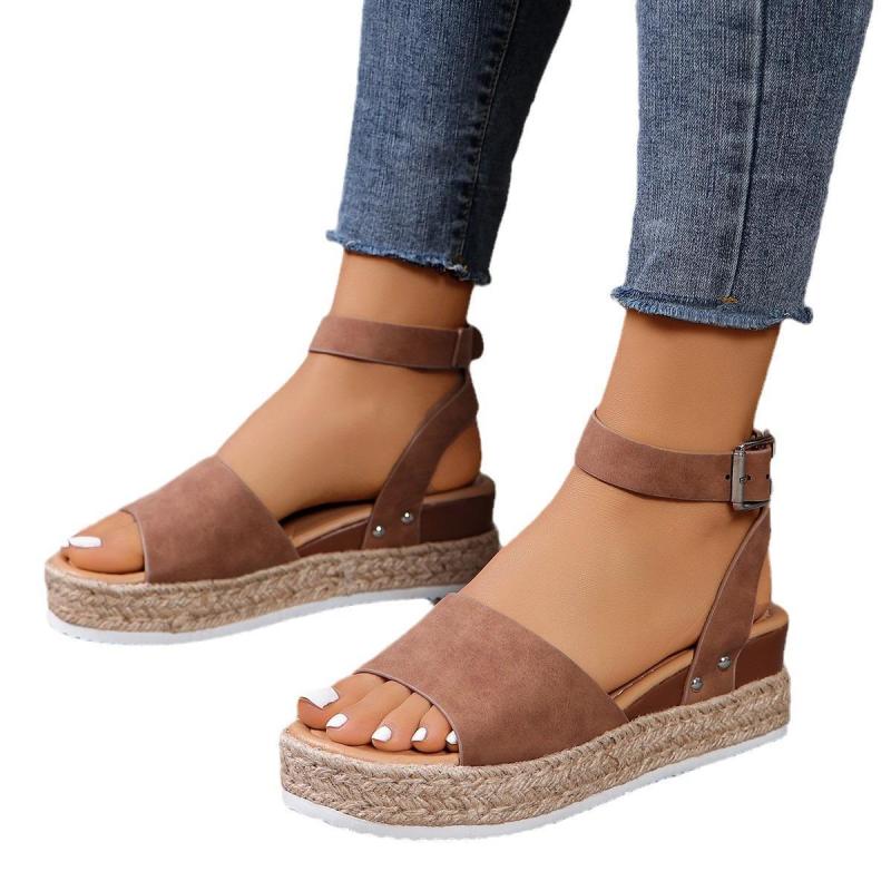 wish Amazon European and American Foreign trade hemp rope wedge peep toe sandals women's cross-border platform buckle beach slippers