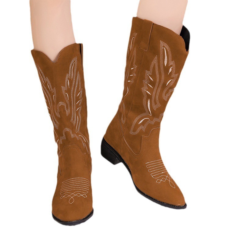 Europe and America cross border chunky heel V cut embroidered Western cowboy boot women's embroidery sleeve retro mid-calf length square head Knight boots
