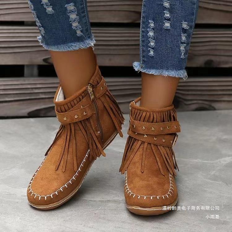 Foreign trade women's boots short boots autumn and winter New Europe and America cross border plus size independent station rivet flat tassel boots female