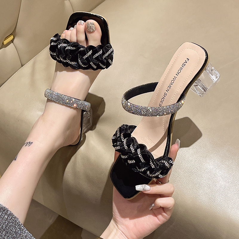 Japanese and Korean foreign trade plus size rhinestone mid heel fashion slippers women's cross-border crystal heel lace square toe sandals wish
