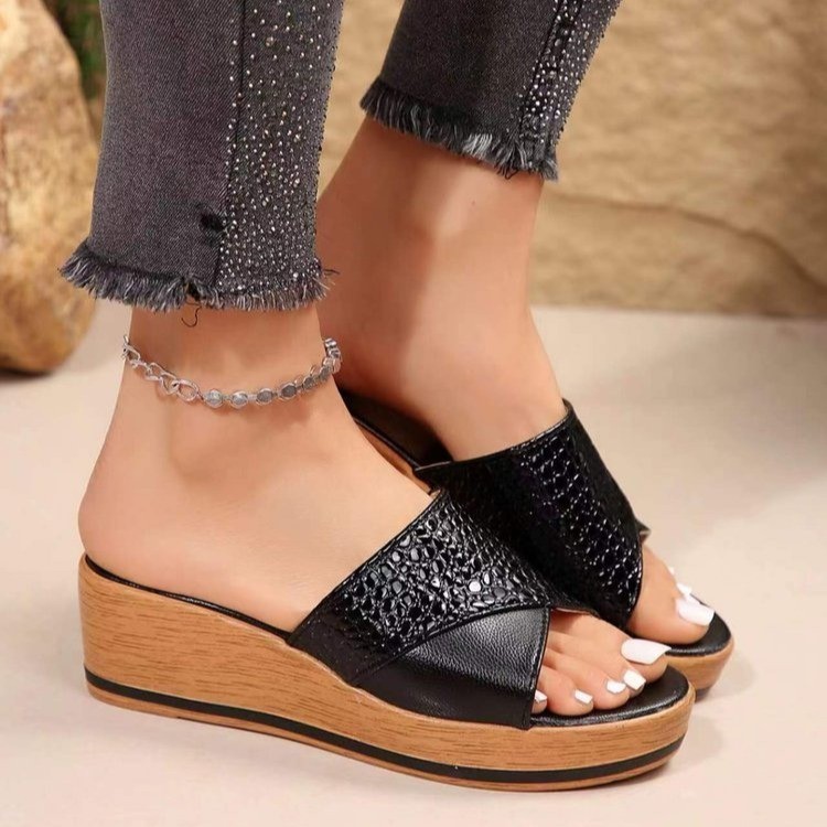 European and American Foreign trade plus size stone pattern peep toe platform slippers women's cross-border casual outdoor wedge sandals wish