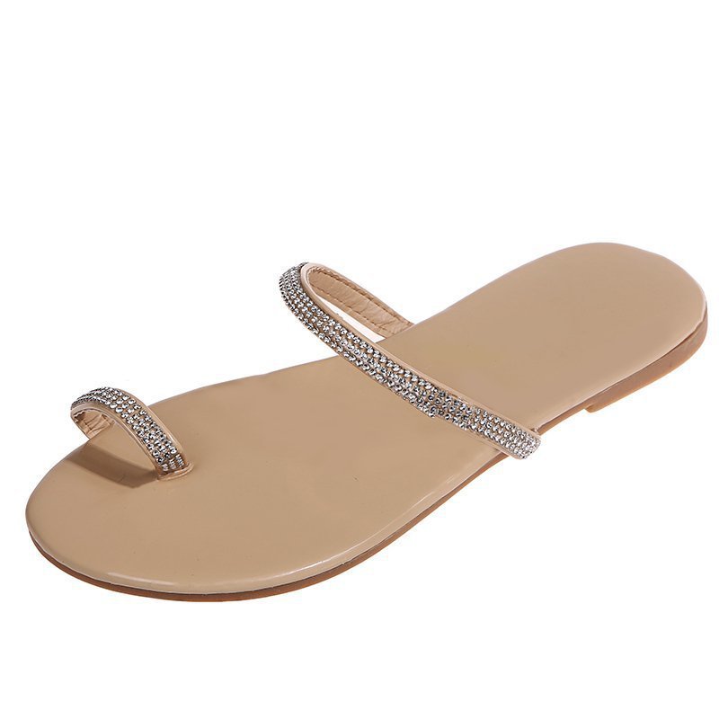Cross-border AliExpress wish cross-border in stock toe covering flat sandals women's foreign trade plus size soft bottom rhinestone beach flip-flops