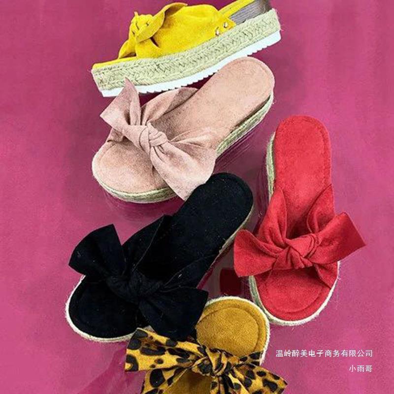 European and American Foreign trade plus size platform slippers female straw woven hemp rope outer wear bow beach slippers Slipper