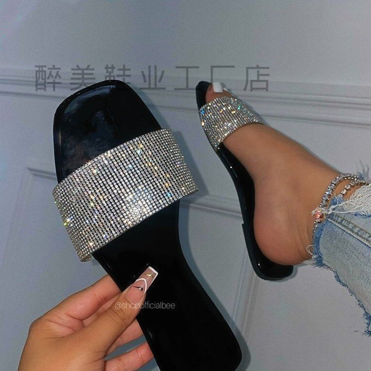 European and American plus size cross-border women's shoes foreign trade rhinestone quartz flat slippers outer wear women's sandals women slippers