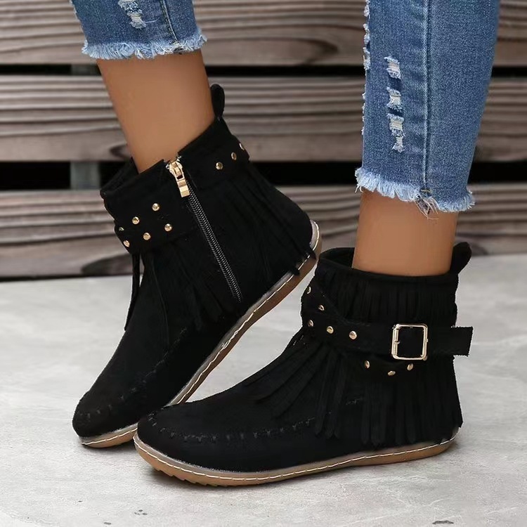 Foreign trade women's boots short boots autumn and winter New Europe and America cross border plus size independent station rivet flat tassel boots female