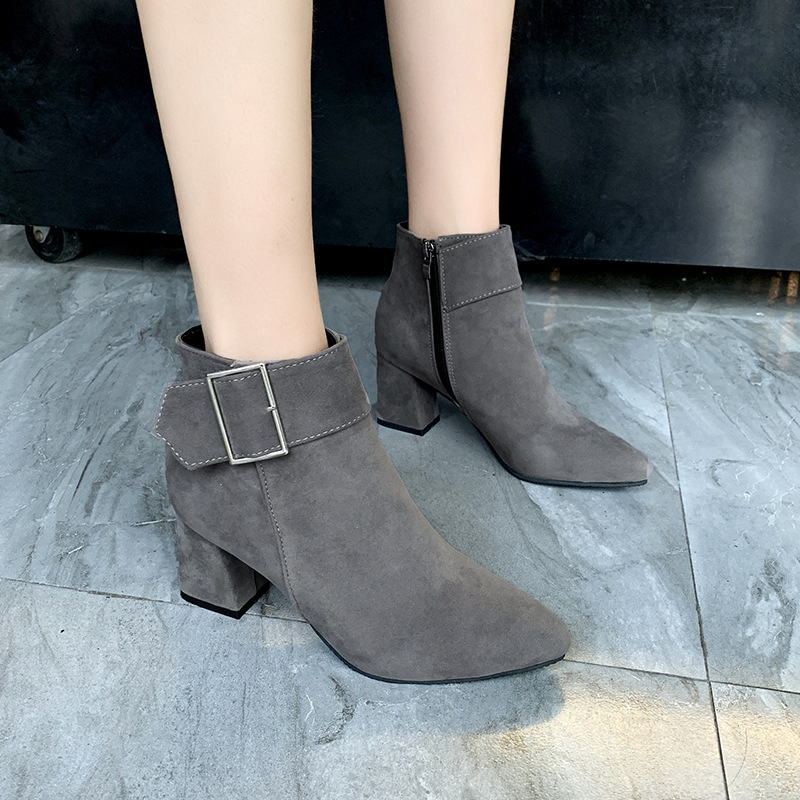 European and American Foreign trade chunky heel belt buckle pointed-toe side zip short boots women's cross-border suede mid heel short fashion boots wish