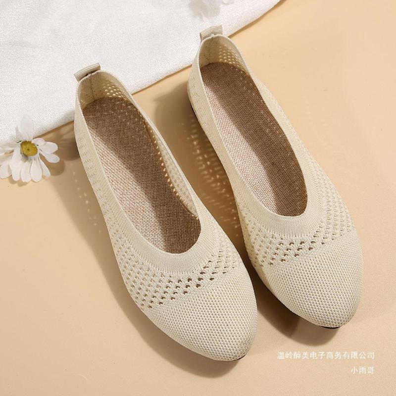 Cross-border summer plus size solid color pointed flat pumps women's breathable knitted suit-foot shallow mouth lazy work shoes wish