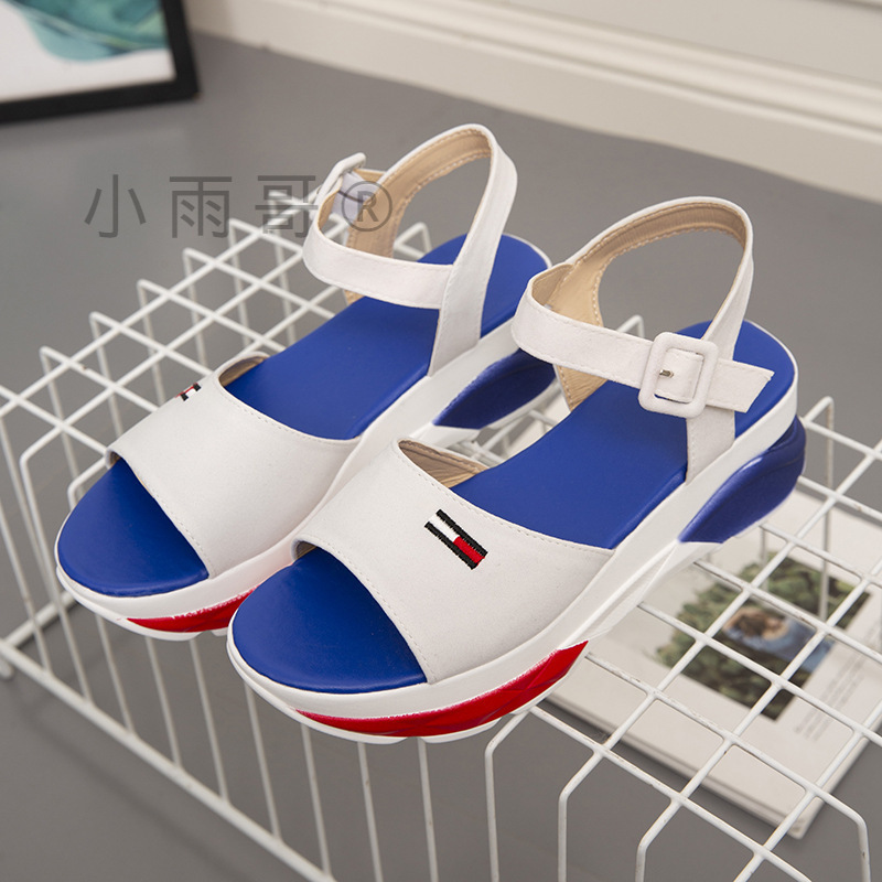 Cross-border foreign trade platform buckle sandals women's summer buckle wedge color matching peep-toe slippers wish Amazon