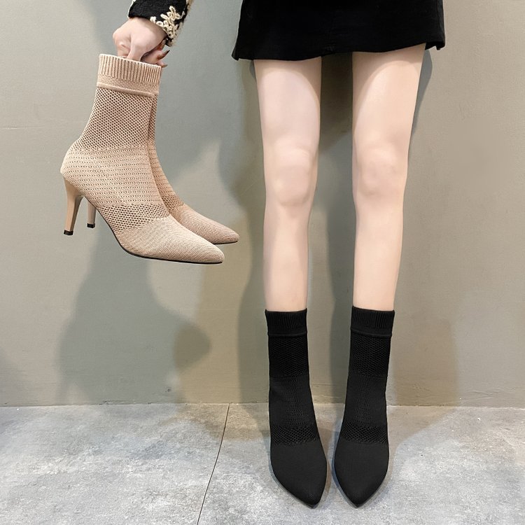 New foreign trade plus size flying woven single-layer boots Women's stiletto heel Martin boots short pointed flying woven slip-on fashion boots