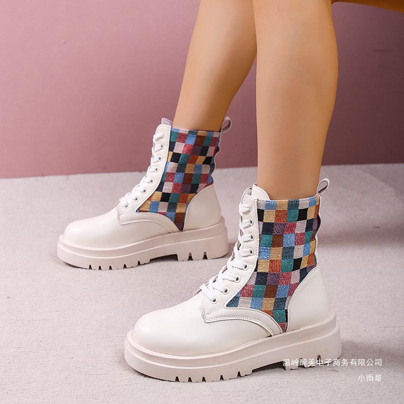 European and American Foreign Trade British style high-top lace-up canvas shoes women's round toe color-blocking casual thin Knight boots wish supply