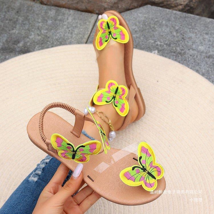 European and American Foreign trade lightweight plus size Flip-toe flat sandals women's bow elastic band beach slippers sandal