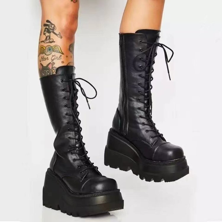 European and American Foreign trade plus size high lace-up Knight boots women's cross-border round toe wedge thick bottom round toe leather boots wish supply
