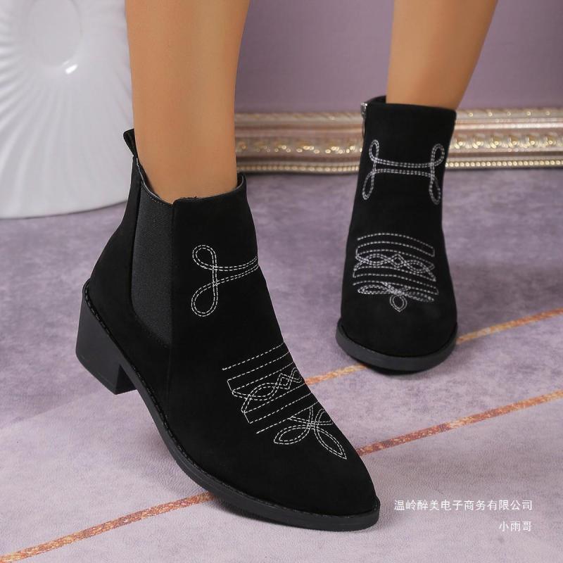 European and American Foreign trade chunky heel embroidery suede short boots women's cross-border side zipper mid heel short Martin boots wish Amazon