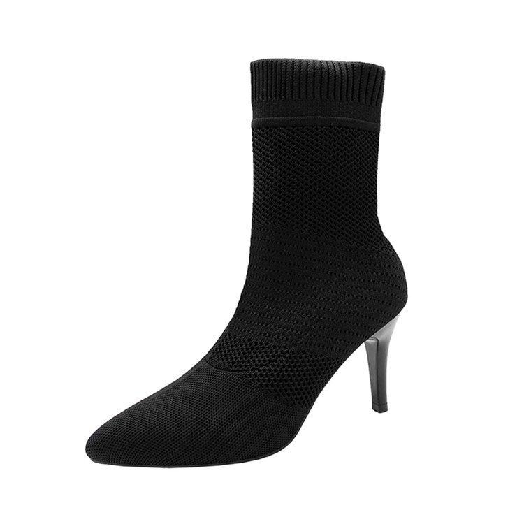 New foreign trade plus size flying woven single-layer boots Women's stiletto heel Martin boots short pointed flying woven slip-on fashion boots