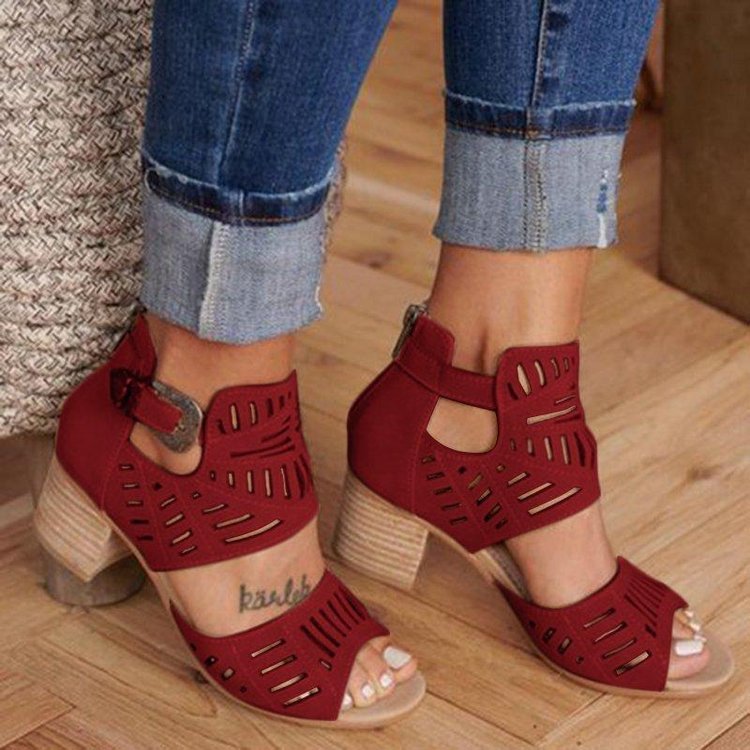 European and American Foreign trade chunky heel hollow peep toe sandals women's back zipper belt buckle retro Roman style sandals Amazon