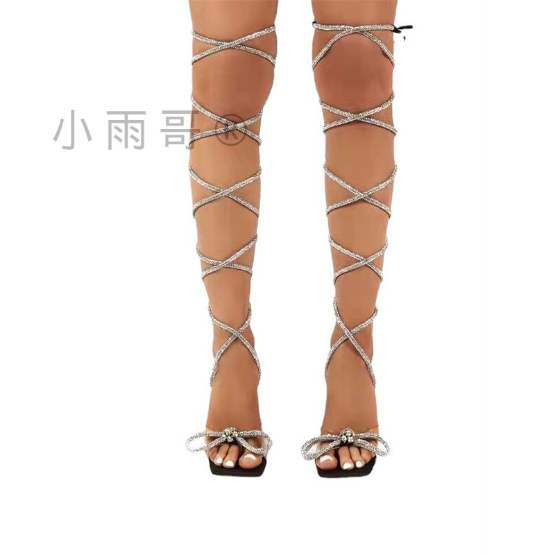 European and American Foreign trade crystal heel sandals women's rhinestone long strap square toe high heel Fashion Shoes Fashion Shoes