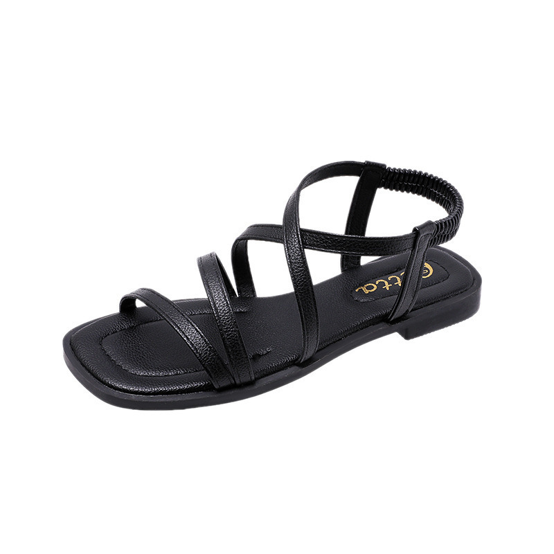 European and American Foreign trade low heel cross-strap flat sandals women's cross-border elastic band square toe beach slippers sandal