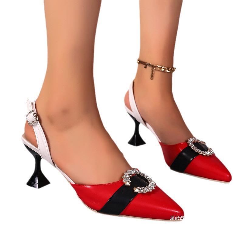 European and American Foreign trade plus size color matching closed toe high heel sandals Women pointed toe slingback stiletto heel fashion shoes Women Heels