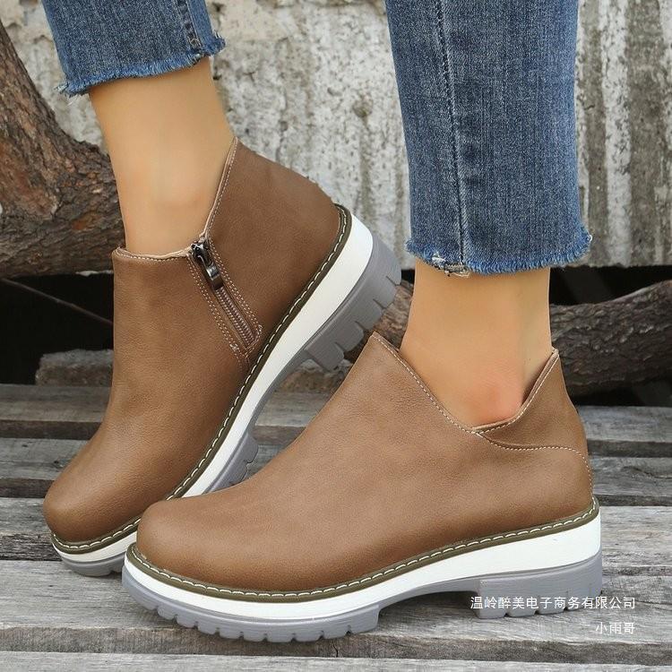 European and American Foreign trade plus size short wedge round toe leather boots Women's Mid Heel side zipper lightweight Martin boots wish independent station