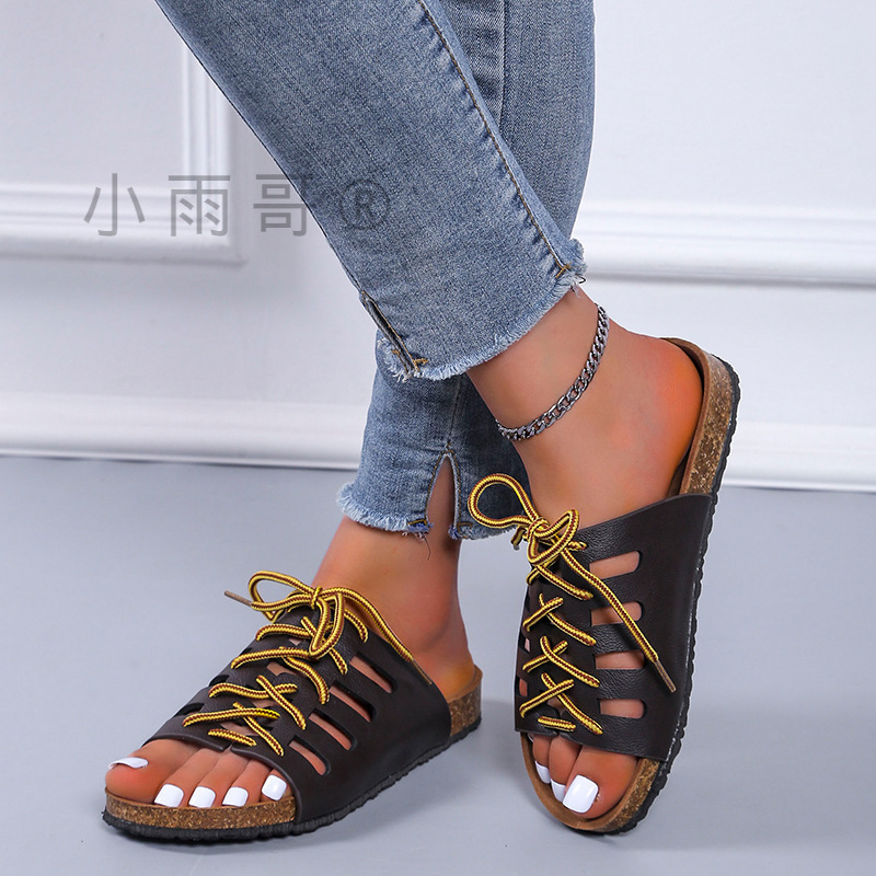 Cross-border European and American Foreign trade flat lace-up slippers Women's Open toe cork platform beach slippers wish