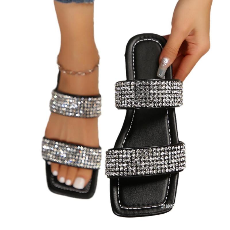 European and American Foreign trade plus size rhinestone flat slippers women's outer wear square toe lightweight beach slippers slippers