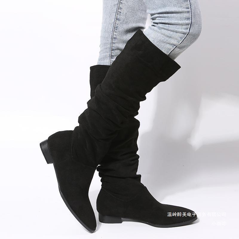 European and American Foreign Trade square heel pointed toe mid-calf length large size Knight boots women suede pleated pile style sleeve pointed boots ebay