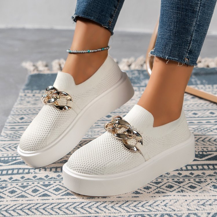 European and American Foreign trade thick bottom flying woven breathable low top pumps women's cross-border chain decoration slip-on loafers wish