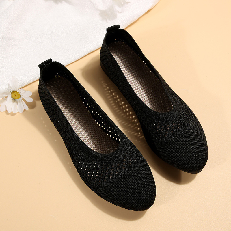 Cross-border summer plus size solid color pointed flat pumps women's breathable knitted suit-foot shallow mouth lazy work shoes wish
