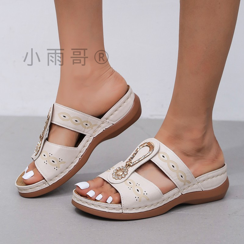 European and American Foreign trade platform rhinestone slippers women's cross-border wedge retro mom shoes outer wear open toe sandals Amazon