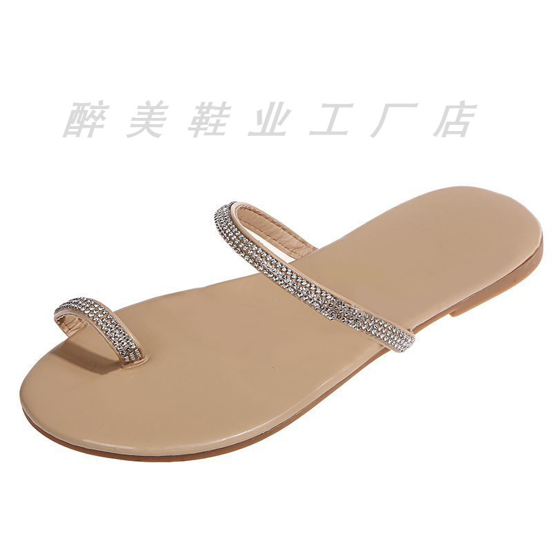 Cross-border AliExpress wish cross-border in stock toe covering flat sandals women's foreign trade plus size soft bottom rhinestone beach flip-flops