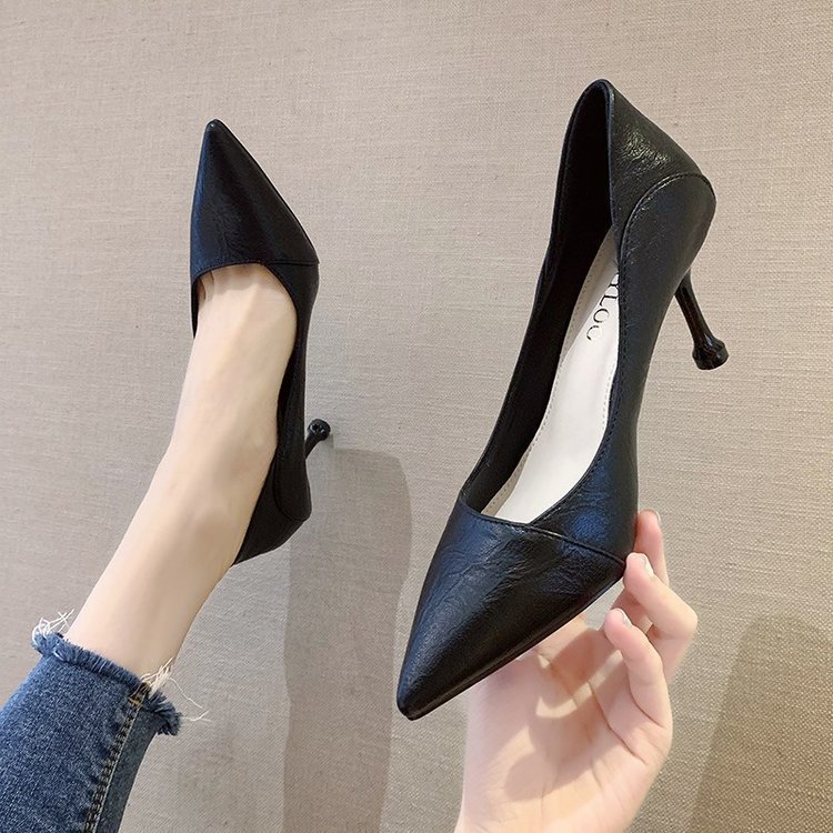 Spring and Summer new slip-on soft leather versatile mid-heel shoes pointed stiletto low-cut professional high heels women's shoes