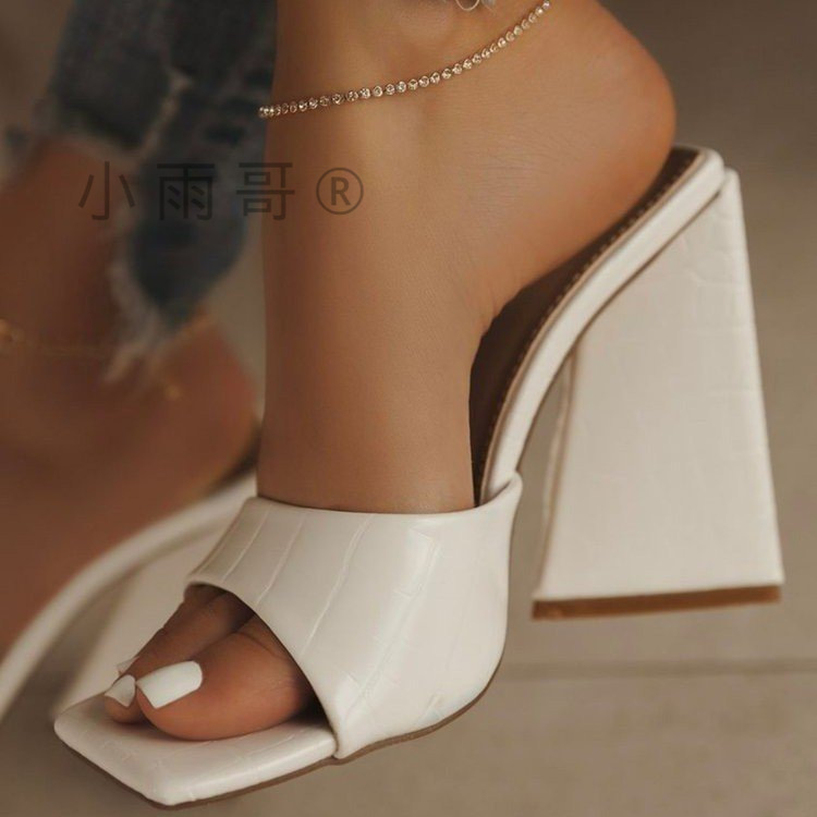 Summer European and American Foreign trade high heel peep toe fashion slippers women's sexy square toe one-word outer wear chunky heel sandals