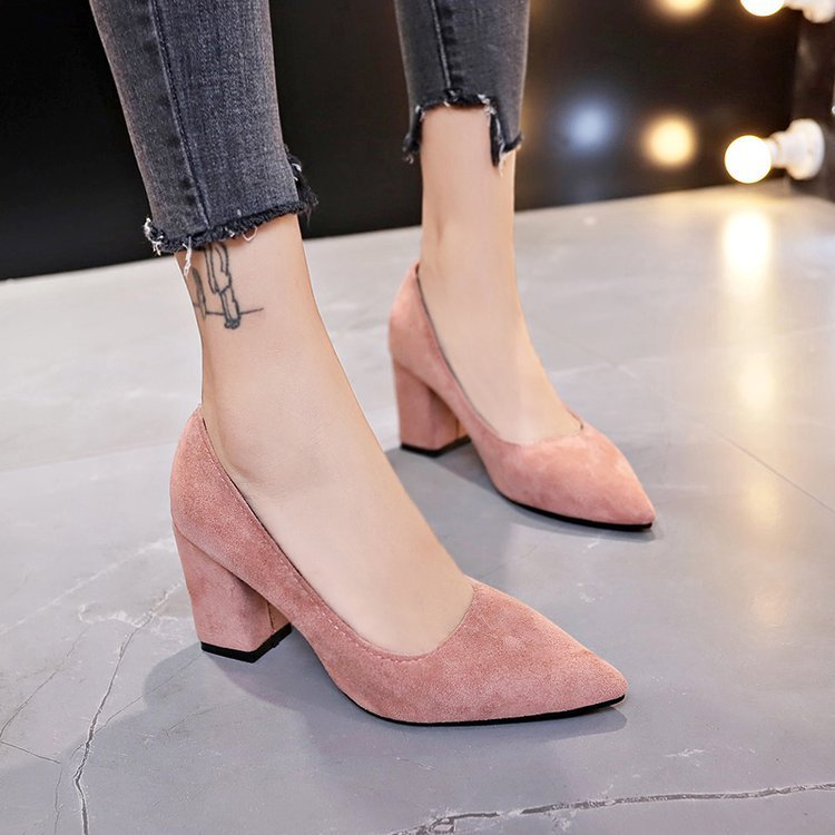European and American Foreign trade plus size high heel suede pumps women's chunky heel low-cut pointed toe fashion shoes Ladies shoes in stock