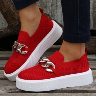 European and American Foreign trade thick bottom flying woven breathable low top pumps women's cross-border chain decoration slip-on loafers wish