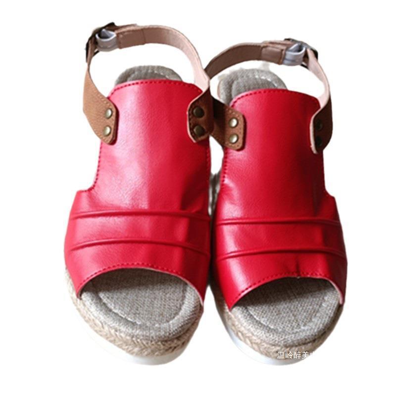 European and American Foreign trade thick-soled fish mouth hollowed sandals women's cross-border wedge hemp rope covered wedge beach slippers wish