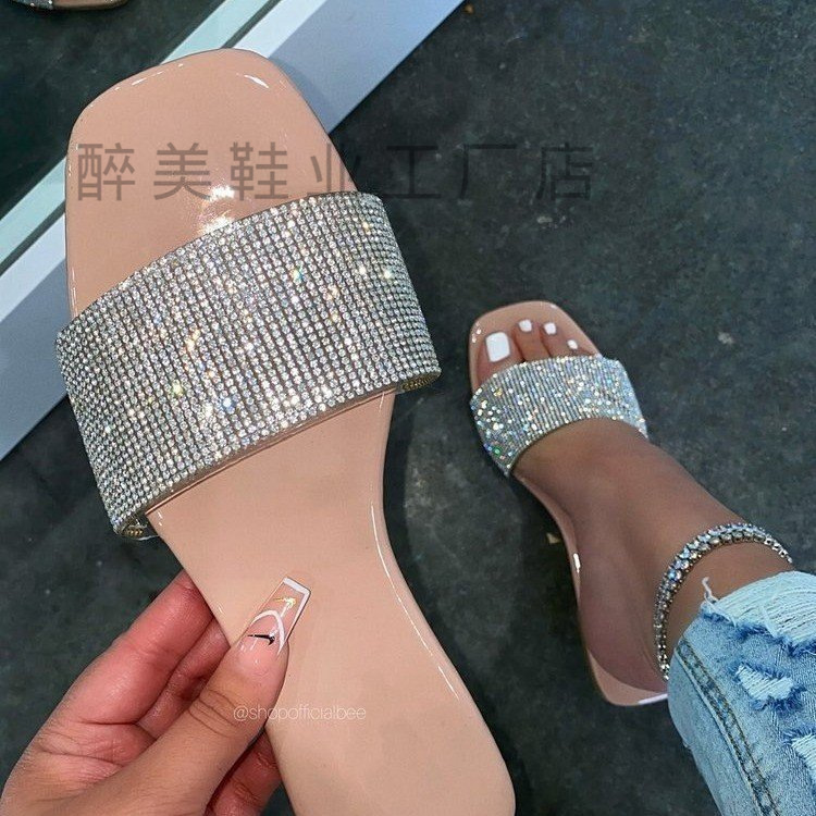 European and American plus size cross-border women's shoes foreign trade rhinestone quartz flat slippers outer wear women's sandals women slippers