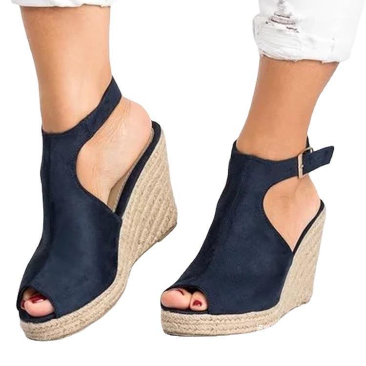 Cross-border plus size women's high heel sandals platform wedge peep toe hemp rope ankle-strap buckle suede Roman sandals wish