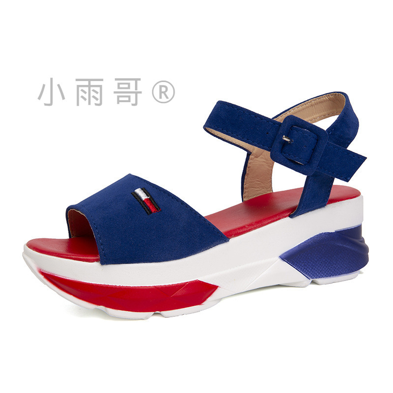 Cross-border foreign trade platform buckle sandals women's summer buckle wedge color matching peep-toe slippers wish Amazon