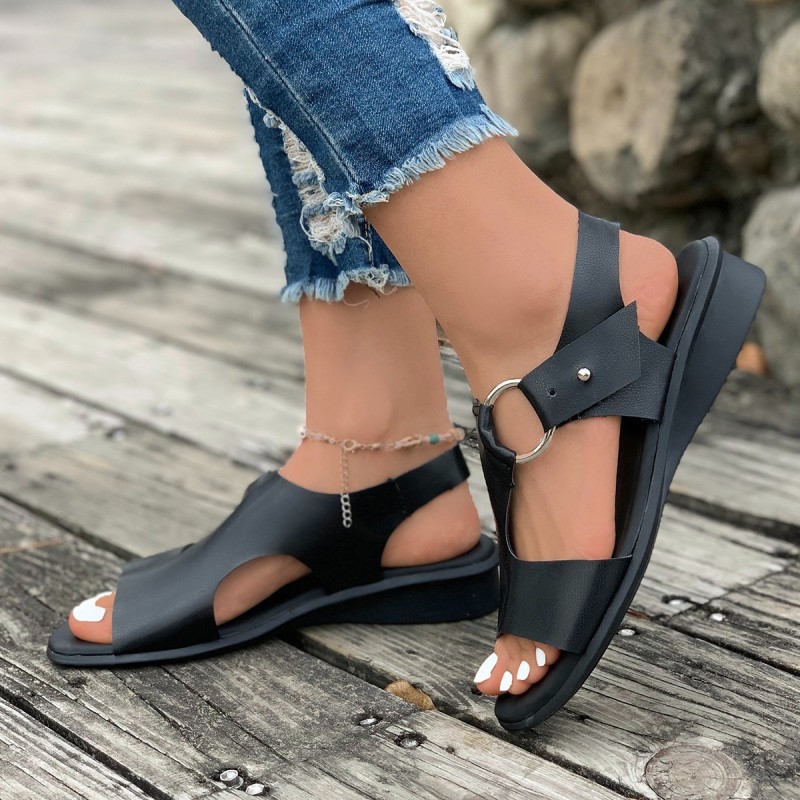 European and American Foreign trade large size low heel peep toe flat sandals women's cross-border belt buckle Hollow Beach slippers sandal