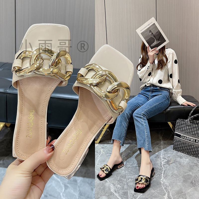 Cross-border foreign trade European and American chain decoration chunky heel Slippers Women's Open toe square toe mid-heel outdoor Slippers Slippers