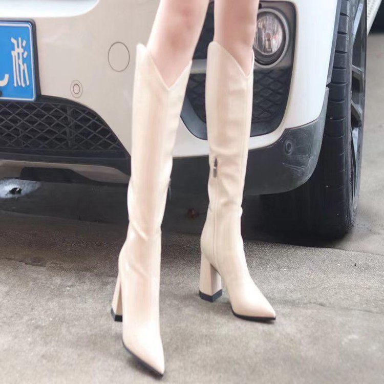 Autumn new patent leather chunky heel high pointed toe Knight boots women's high heel Chelsea V cut stretch fashion skinny boots