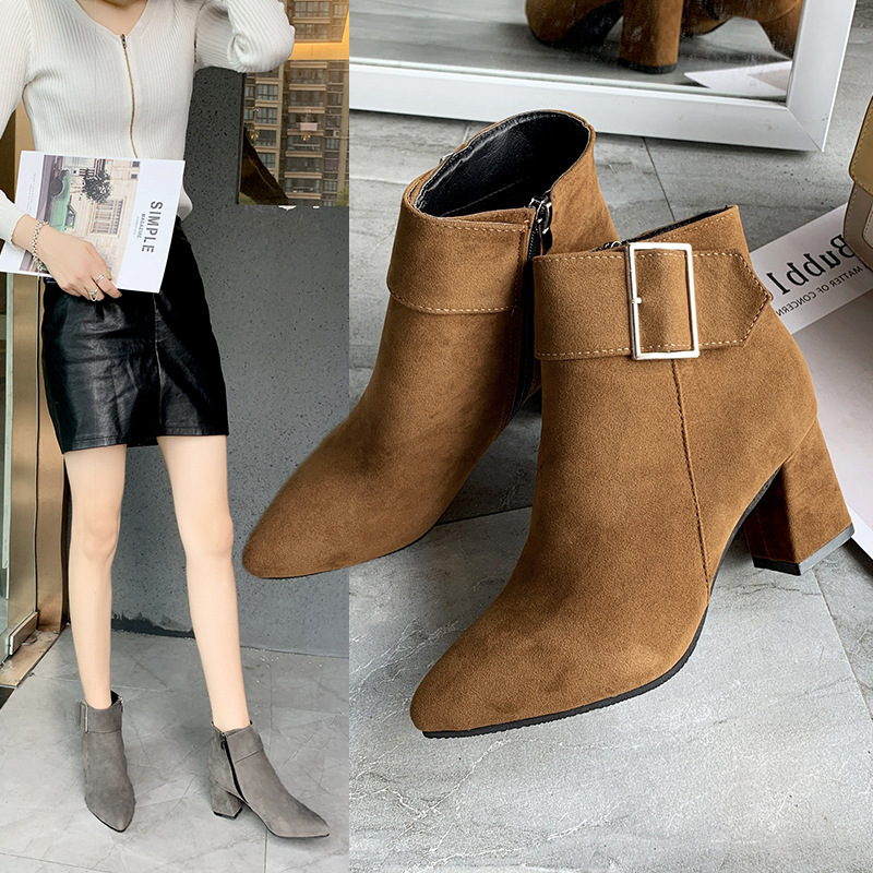 European and American Foreign trade chunky heel belt buckle pointed-toe side zip short boots women's cross-border suede mid heel short fashion boots wish