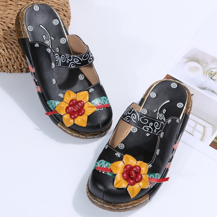 Summer breathable closed toe ethnic style flower slippers women's foreign trade cross-border thick bottom beach slippers wish supply