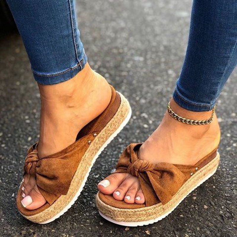 European and American Foreign trade plus size platform slippers female straw woven hemp rope outer wear bow beach slippers Slipper