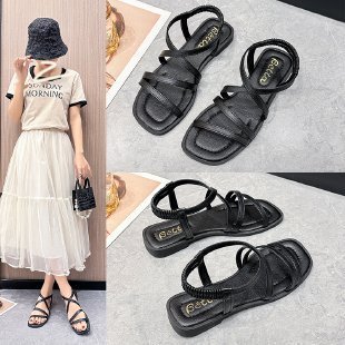 European and American Foreign trade low heel cross-strap flat sandals women's cross-border elastic band square toe beach slippers sandal