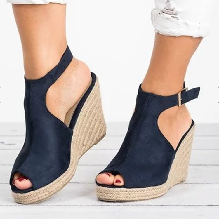 Cross-border plus size women's high heel sandals platform wedge peep toe hemp rope ankle-strap buckle suede Roman sandals wish