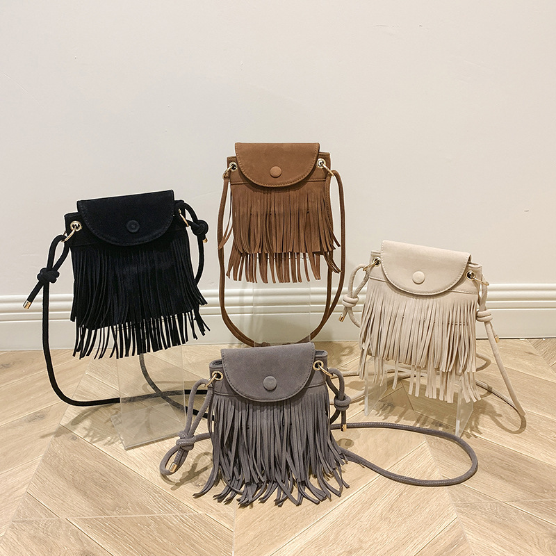Simple autumn and winter suede trendy tassel retro Hong Kong style large capacity casual crossbody shoulder small square women's bag