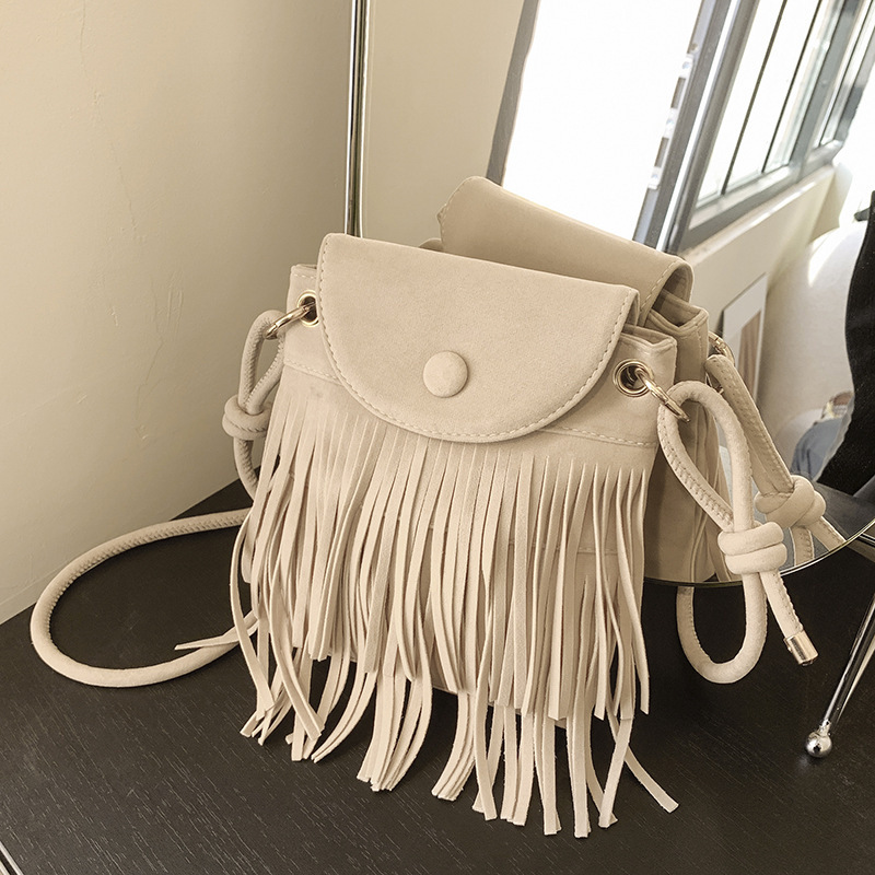 Simple autumn and winter suede trendy tassel retro Hong Kong style large capacity casual crossbody shoulder small square women's bag