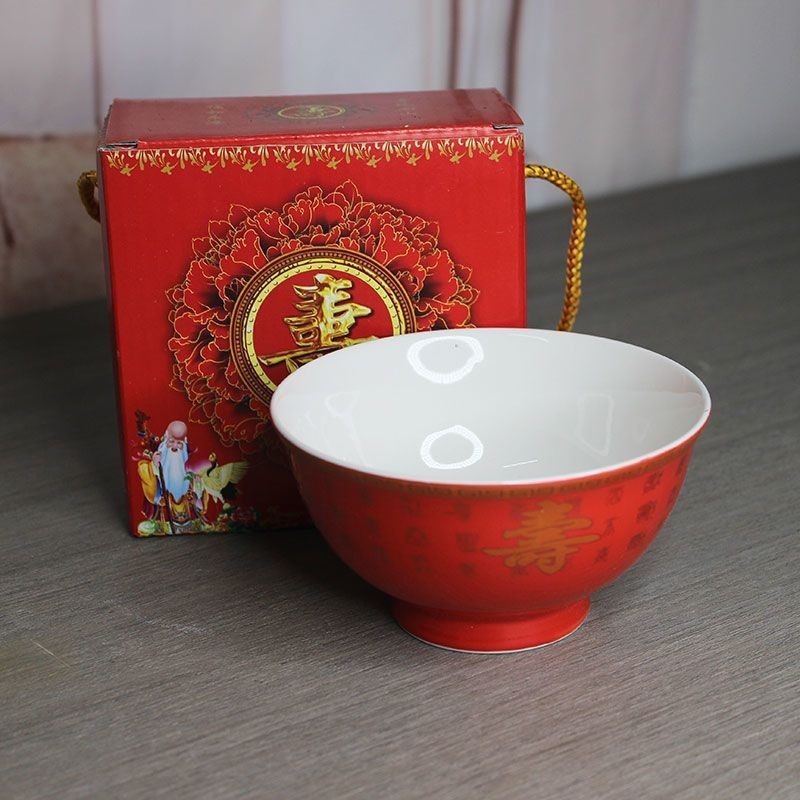 Shouwan red glaze ceramic in stock can be customized to thank the elderly birthday banquet towel gift box suit birthday celebration word cross-border