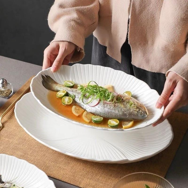 Fish dish ceramic oval household steamed fish plate fish dish-piece steamed dish commercial hotel tableware
